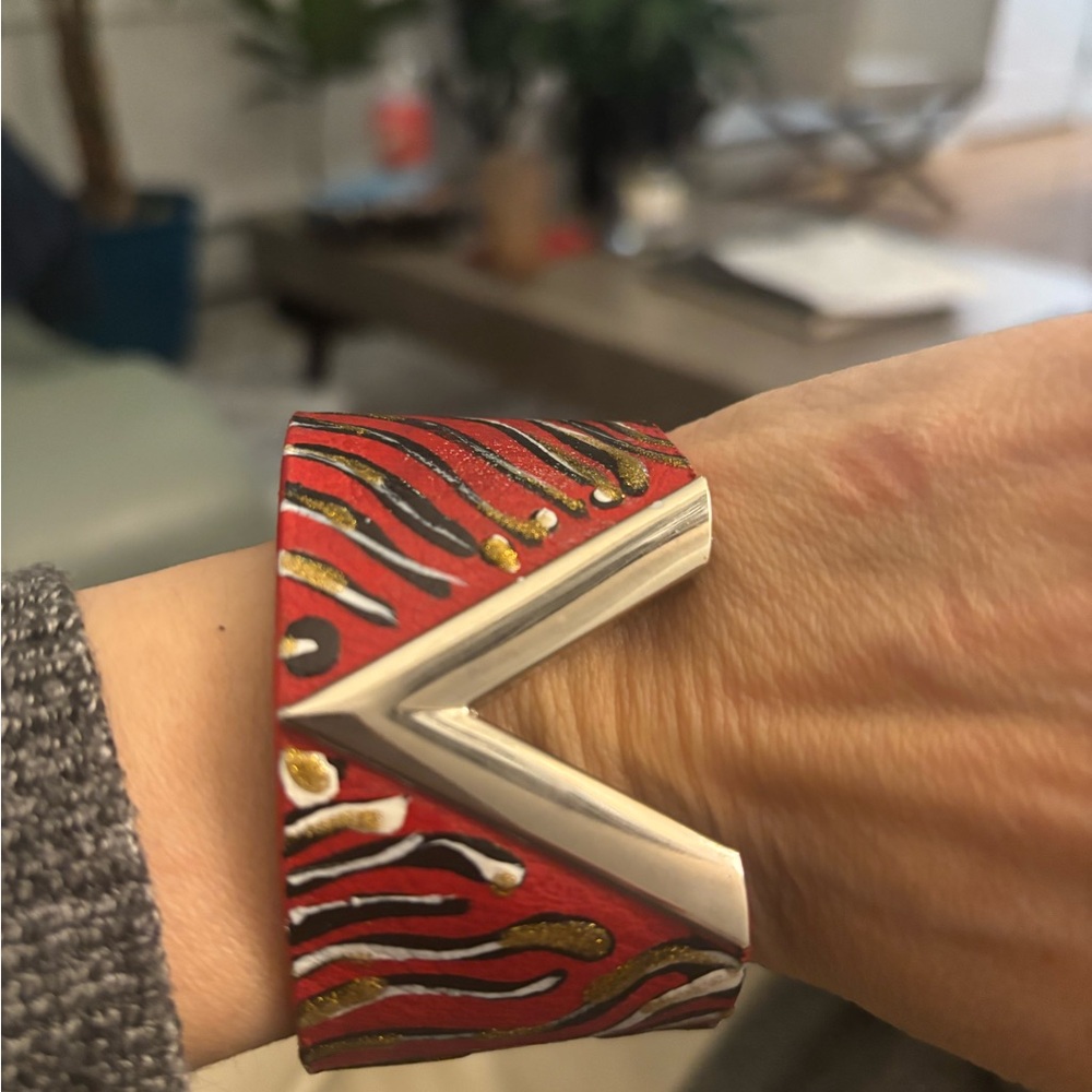 Hand painted one of a kind Red and Gold Patterned Women's Cuff Bracelet